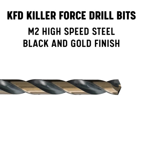 KFD Series High Speed Steel Drill Bits Split Point One Eighth Inch Pack Of 12 For General Purpose Drilling, black and gold finish