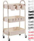 Khaki 3 Tier Metal Utility Rolling Cart With Lockable Wheels And Mesh Storage Baskets Your Go-To For Kitchen Office Living Room Laundry Garage And A Versatile Organizer For Snacks Tools Craft Supplies, shown with storage baskets.