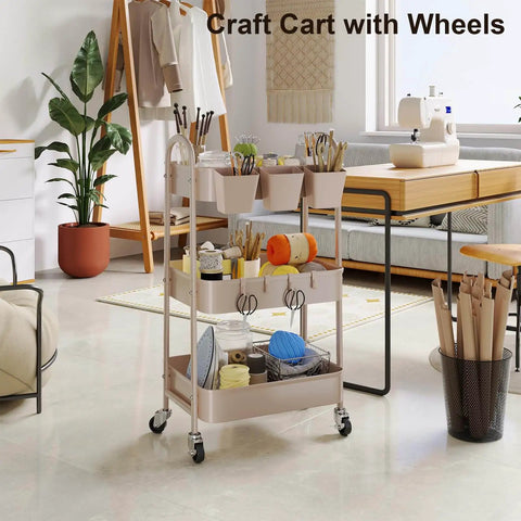 Khaki 3 Tier Metal Utility Rolling Cart With Lockable Wheels And Mesh Storage Baskets in a craft room setting