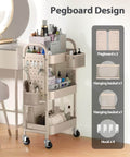3 Tier Rolling Cart With DIY Pegboard Panels, Metal Utility Cart On Wheels Featuring Adjustable Front Or Side Pegboards, Includes 2 Hanging Baskets And 4 Hooks, Super Handy For Craft Room Kitchen Office Bathroom Organization In Khaki.