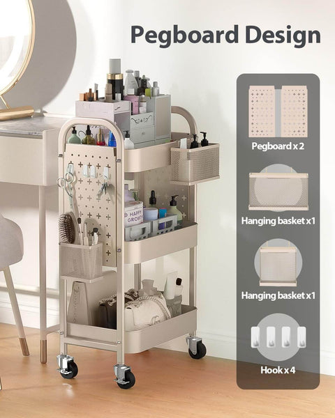 3 Tier Rolling Cart With DIY Pegboard Panels, Metal Utility Cart On Wheels Featuring Adjustable Front Or Side Pegboards, Includes 2 Hanging Baskets And 4 Hooks, Super Handy For Craft Room Kitchen Office Bathroom Organization In Khaki.