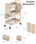 3 Tier Rolling Cart With DIY Pegboard Panels, Metal Utility Cart On Wheels Featuring Adjustable Front Or Side Pegboards, Includes 2 Hanging Baskets And 4 Hooks, Super Handy For Craft Room Kitchen Office Bathroom Organization In Khaki