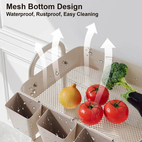 Khaki 3 Tier Metal Utility Rolling Cart With Lockable Wheels And Mesh Storage Baskets Your Go-To For Kitchen Office Living Room Laundry Garage And A Versatile Organizer For Snacks Tools Craft Supplies with vegetables on mesh shelf.