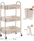 Khaki 3 Tier Metal Utility Rolling Cart with Lockable Wheels and Mesh Storage Baskets, shown with accessories attached.