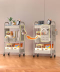 Two 3 Tier Rolling Carts With DIY Pegboard Panels, Metal Utility Carts On Wheels Featuring Adjustable Front Or Side Pegboards, Beige