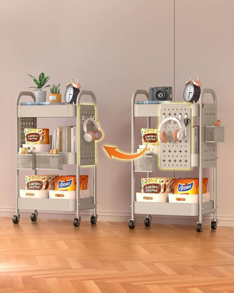 Two 3 Tier Rolling Carts With DIY Pegboard Panels, Metal Utility Carts On Wheels Featuring Adjustable Front Or Side Pegboards, Beige