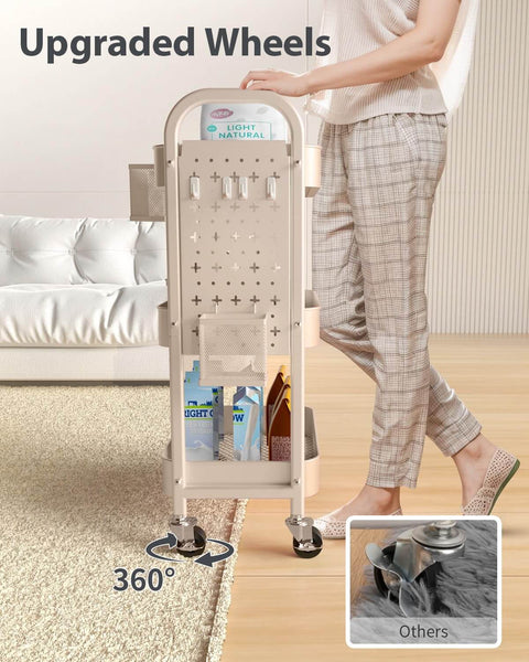3 Tier Rolling Cart With DIY Pegboard Panels, Metal Utility Cart On Wheels, showing adjustable pegboards and baskets, in khaki