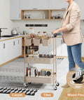 Khaki 3 Tier Metal Utility Rolling Cart With Lockable Wheels And Mesh Storage Baskets in kitchen setting with snacks