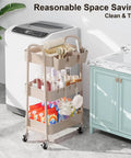 Khaki 3 Tier Metal Utility Rolling Cart With Lockable Wheels And Mesh Storage Baskets in laundry room setting