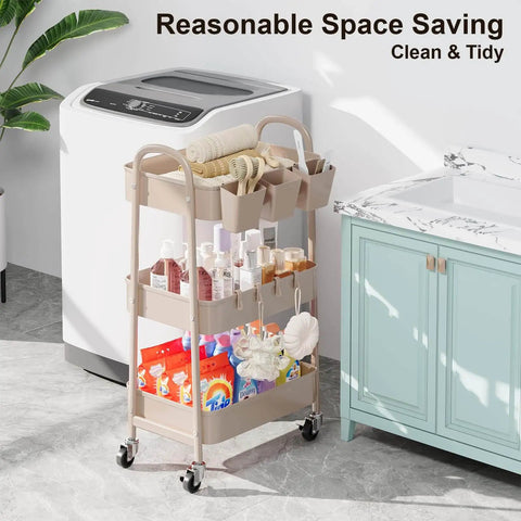 Khaki 3 Tier Metal Utility Rolling Cart With Lockable Wheels And Mesh Storage Baskets in laundry room setting