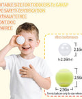 Child holding a ball pit ball, 2.2-inch size, with phthalate and BPA-free features highlighted, tennis ball size comparison shown.