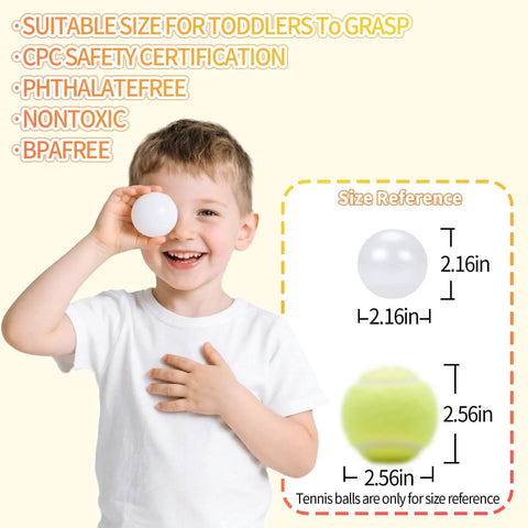 Child holding a ball pit ball, 2.2-inch size, with phthalate and BPA-free features highlighted, tennis ball size comparison shown.