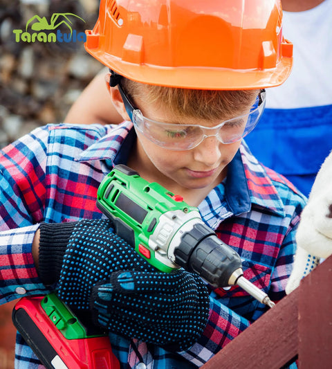 Child wearing Kids Safety Glasses Pack Six EN166 Z87 Anti Fog UV Scratch Resistant Colorful while using a drill