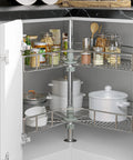 28 Inch Kidney Shaped Chrome Pie Cut Lazy Susan Corner Organizer For Kitchen Base Cabinets With 270 Degree Rotation and Telescoping Mount Two Shelf Blind Corner Storage For Pots Pans Lids And Containers
