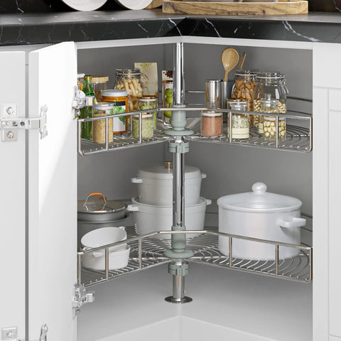 28 Inch Kidney Shaped Chrome Pie Cut Lazy Susan Corner Organizer For Kitchen Base Cabinets With 270 Degree Rotation and Telescoping Mount Two Shelf Blind Corner Storage For Pots Pans Lids And Containers