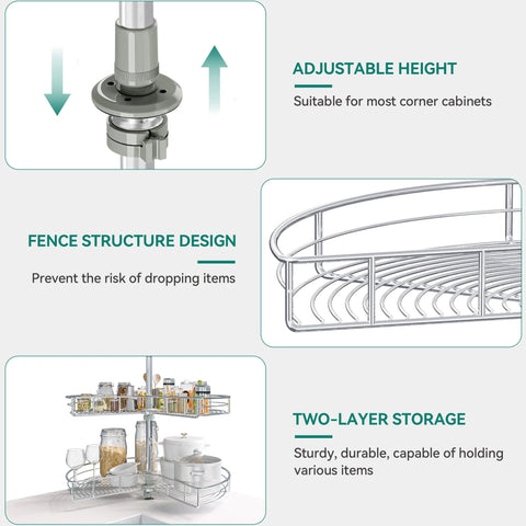 Features of 28 Inch Kidney Shaped Chrome Pie Cut Lazy Susan Corner Organizer including adjustable height and two-layer storage.