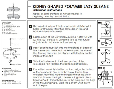 Installation instructions for Kidney Shaped Lazy Susan with two white polymer shelves and chrome telescoping post.