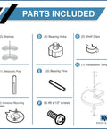 Parts included for Kidney Shaped Lazy Susan With Two White Polymer Shelves, Chrome Telescoping Post, hardware and installation kit shown.
