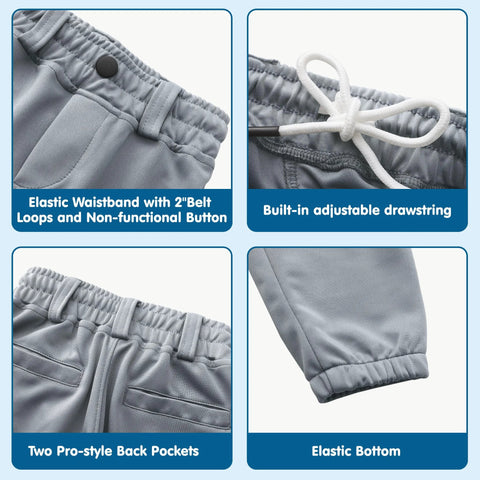 Knicker Style Toddler And Youth Baseball Pants For Boys And Girls, close-up of waistband, pockets, and elastic hem details.