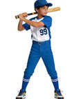 Child in royal blue Kids Knicker Baseball Pants For Toddlers And Youth Boys And Girls with belt loops, ready for a game.