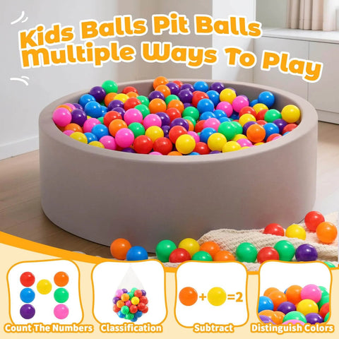 Ball Pit Balls for Toddlers: 50 Colorful Non-Toxic Balls – BPA-Free, Phthalate-Free, in a play area with educational tips.