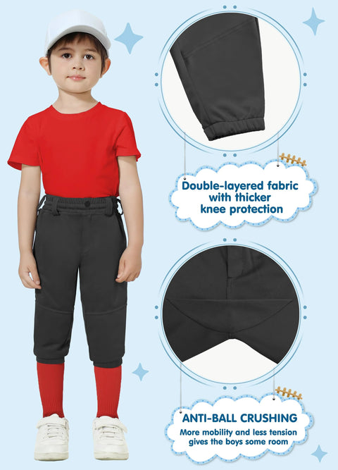 Knicker Baseball Pants for Toddlers to Youth Boys and Girls, shown on a child, front and close-up views, featuring belt loops and elastic hem.
