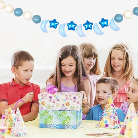 Children opening gifts with Ball Pit Balls Stars Moon Shapes Plastic Pitballs for Toddler Play Decor, Pearl Blue+Cream Blue+White,100PCS.