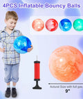 4PCS Playground Balls for Kids, 9 Inches Dodgeballs Bouncy Balls, with air pump, child holding blue rubber inflatable ball.
