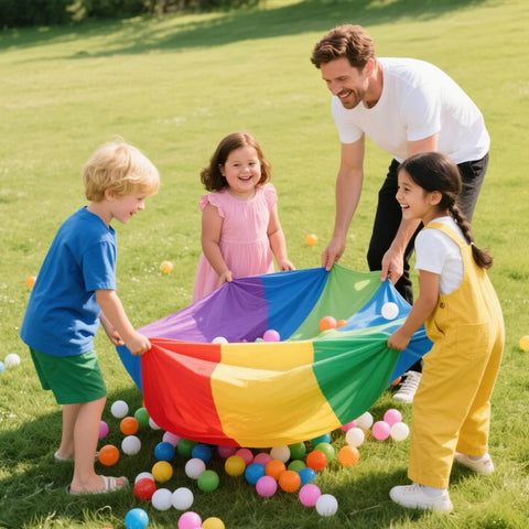 Children and adult playing with colorful fabric and Ball Pit Balls for Toddlers Kids Plastic Ballpits Accessories Crush Proof Durable Fun Shape Play Baby Bath Toys,2.15inch 100count Mix Color outdoors