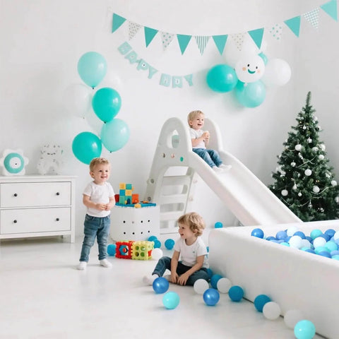 Children playing with Ball Pit Balls for Kids, Plastic Play Balls Blue Balls for Ball Pits, in a festive playroom setting.
