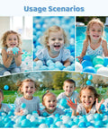 Children playing with Ball Pit Balls for Toddlers, BPA Free Crush Proof Plastic Toy Balls in ball pits and pools, white, green, blue colors.