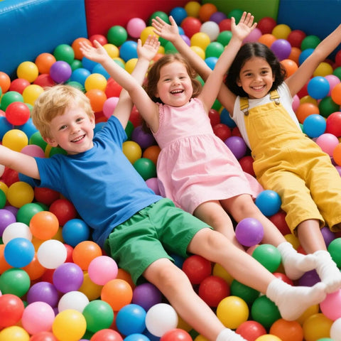 Three children playing in a colorful ball pit with Ball Pit Balls for Toddlers Kids Plastic Ballpits Accessories Crush Proof Durable Fun Shape Play.
