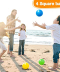 Children playing with 8PCS Inflatable Playground Balls, 8.5Inch Bouncing Sensory Balls on a beach, bright blue and yellow colors visible.