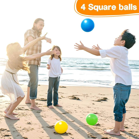 Children playing with 8PCS Inflatable Playground Balls, 8.5Inch Bouncing Sensory Balls on a beach, bright blue and yellow colors visible.