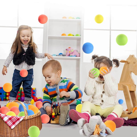 Children playing with 12 pieces soft foam balls lightweight mini play balls for safe indoor toys fun vibrant assorted colors orbs.