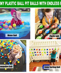 Kids playing with 50 Balls Soft Plastic Ball Pit Balls for Kids in various fun setups, including pool, puzzle, trampoline, and color sorting.