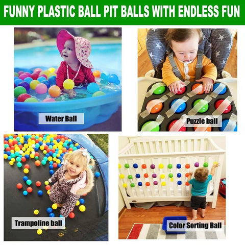 Kids playing with 50 Balls Soft Plastic Ball Pit Balls for Kids in various fun setups, including pool, puzzle, trampoline, and color sorting.