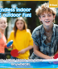 Teens playing table tennis outdoors, holding red paddles. Smiling boy in focus, others blurred in background, promoting endless fun.