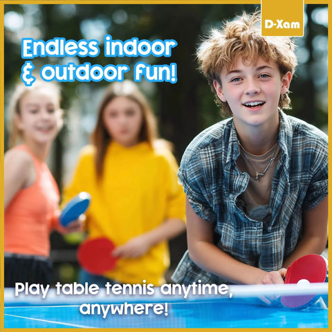 Teens playing table tennis outdoors, holding red paddles. Smiling boy in focus, others blurred in background, promoting endless fun.