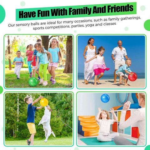 Families playing with 64 Pieces 6.3 Inch Knobby Balls for Kids Sensory Balls with Air Pump at park, beach, and indoor class.