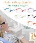 Kids Safety Glasses 24 Pack UV Protection Goggles ANSI Z87 Impact Resistant with colorful design on child in dental chair
