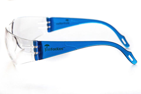 Side view of Kids Safety Glasses ANSI Z87.1 EN166 Certified Impact Resistant Clear Lenses with blue temples