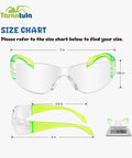 Size chart for Kids Safety Glasses Pack Six EN166 Z87 Anti Fog UV Scratch Resistant Colorful, showing dimensions and weight.