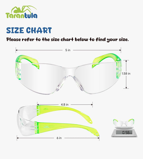 Size chart for Kids Safety Glasses Pack Six EN166 Z87 Anti Fog UV Scratch Resistant Colorful, showing dimensions and weight.