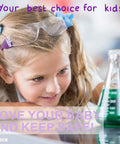 Child wearing Kids Safety Glasses 24 Pack UV Protection Goggles ANSI Z87 Impact Resistant near a beaker in a science lab.