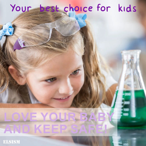 Child wearing Kids Safety Glasses 24 Pack UV Protection Goggles ANSI Z87 Impact Resistant near a beaker in a science lab.