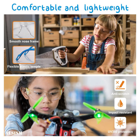 Kids Safety Glasses 24 Pack UV Protection Goggles ANSI Z87 Impact Resistant worn by children doing crafts and building projects.