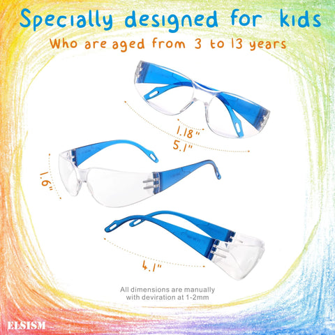 Kids Safety Glasses 24 Pack UV Protection Goggles ANSI Z87 Impact Resistant for ages 3-13 with dimension details