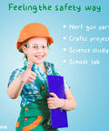 Child wearing construction outfit and safety goggles holding clipboard, promoting Kids Safety Glasses 24 Pack UV Protection Goggles ANSI Z87 Impact Resistant.