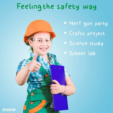 Child wearing construction outfit and safety goggles holding clipboard, promoting Kids Safety Glasses 24 Pack UV Protection Goggles ANSI Z87 Impact Resistant.